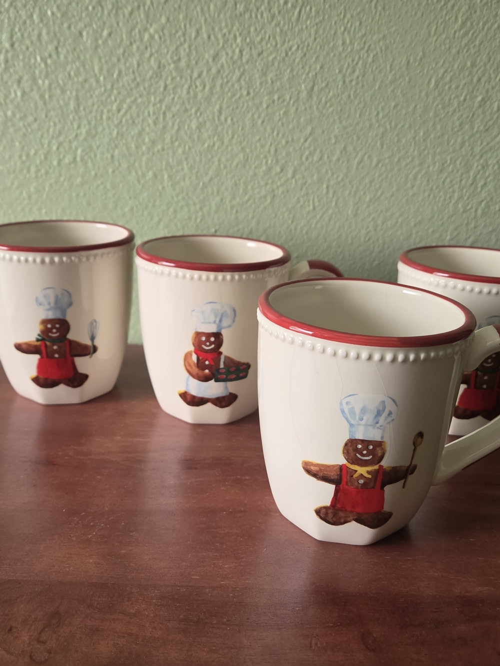 William Sanoma Ceramic Gingerbread Chef Mugs with Red Rim - Set of 4